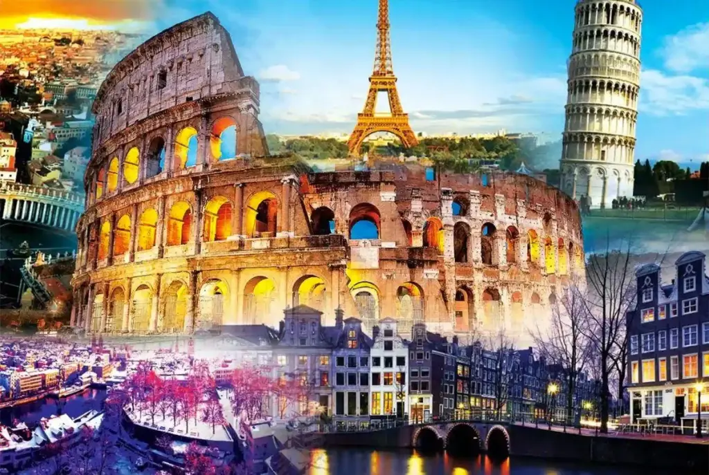 Vista panorámica de ciudad europea con arquitectura clásica
