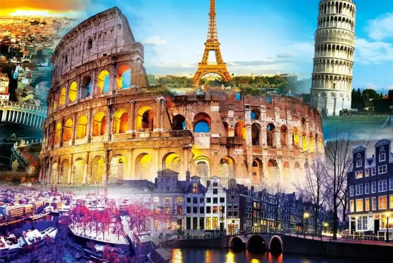 Vista panorámica de ciudad europea con arquitectura clásica