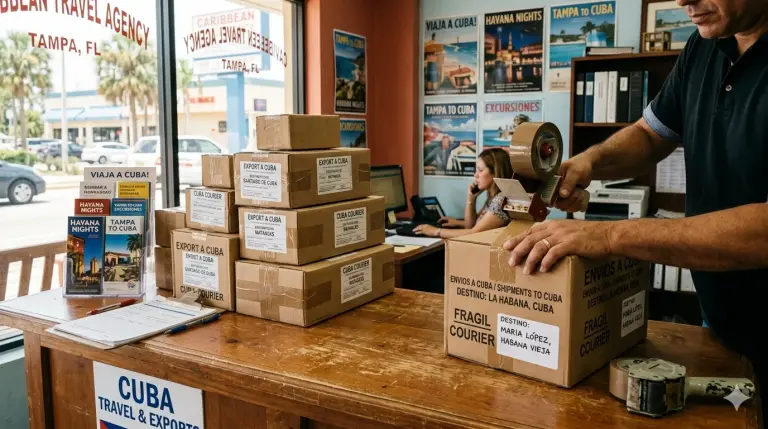 Boxes ready to ship packages to Cuba from Tampa at M&K Adventure office in Florida