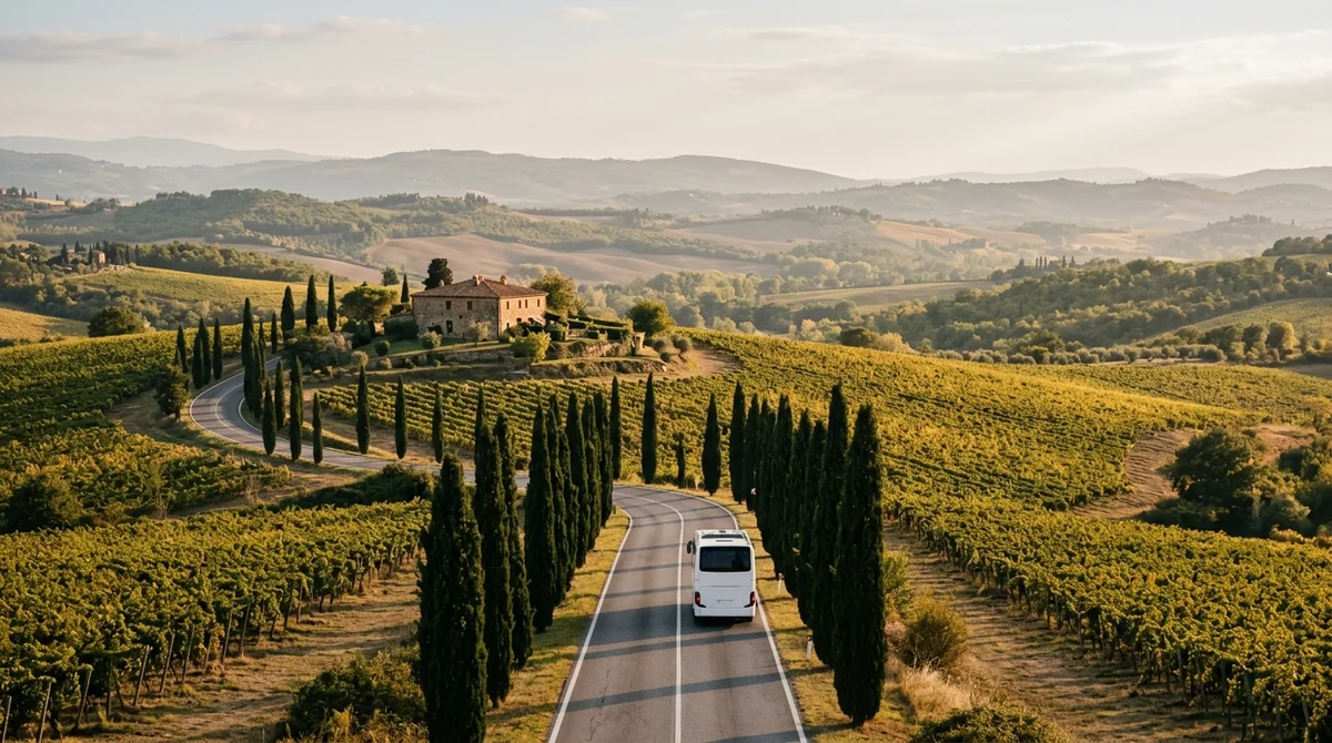 Circuitos Europamundo con M&K Adventure: qué incluyen y cómo reservar 2 Autobús turístico recorriendo una carretera entre viñedos europeos