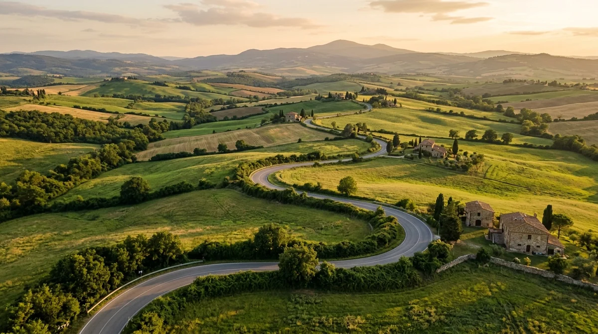 Circuitos Europamundo con M&K Adventure: qué incluyen y cómo reservar 3 Vista aérea de una carretera serpenteando entre colinas europeas