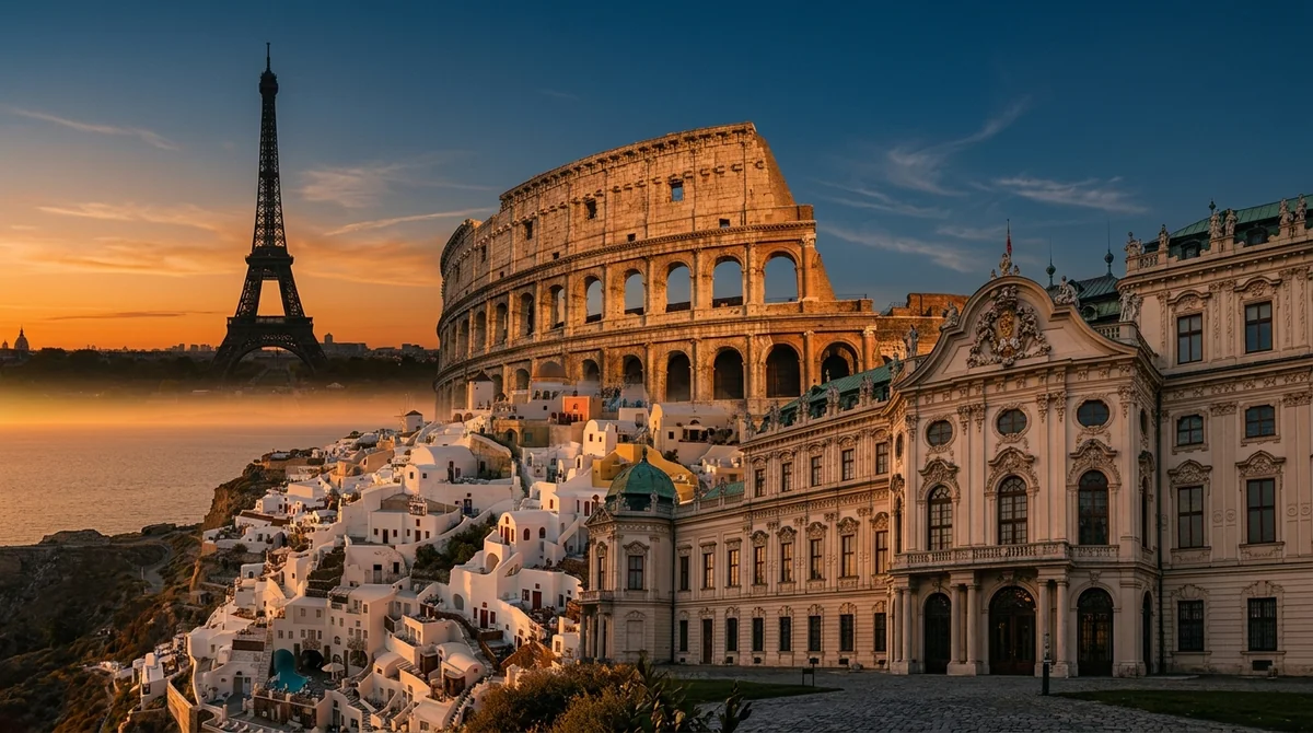 Circuitos Europamundo con M&K Adventure: qué incluyen y cómo reservar 4 Iconos arquitectónicos de Europa al atardecer: torre Eiffel, Coliseo y cúpulas mediterráneas