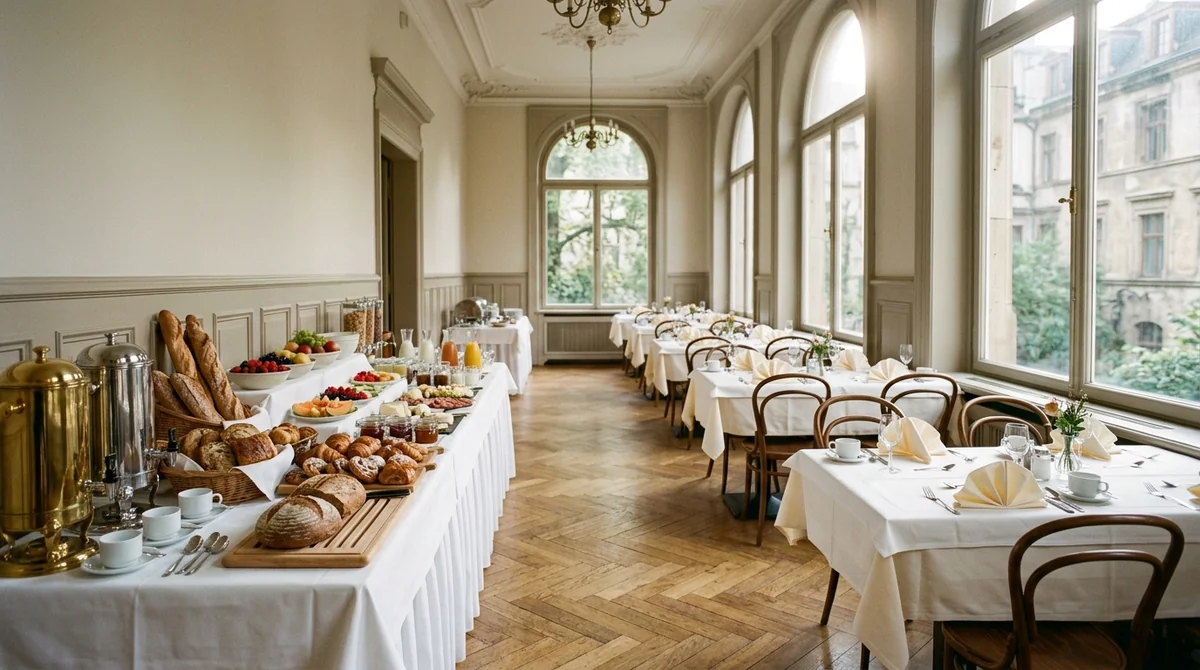 Circuitos Europamundo con M&K Adventure: qué incluyen y cómo reservar 5 Desayuno bufé europeo en el comedor luminoso de un hotel clásico