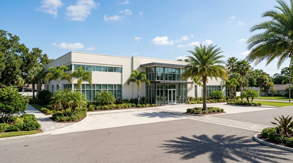 Circuitos Europamundo con M&K Adventure: qué incluyen y cómo reservar 7 Fachada de oficina moderna en Tampa, Florida, con palmeras y cielo despejado