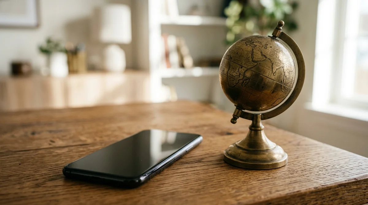 Circuitos Europamundo con M&K Adventure: qué incluyen y cómo reservar 8 Globo terráqueo de escritorio y teléfono sobre una mesa de madera en una oficina