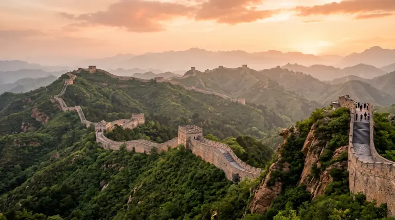 The Great Wall of China winding over the mountains at golden hour