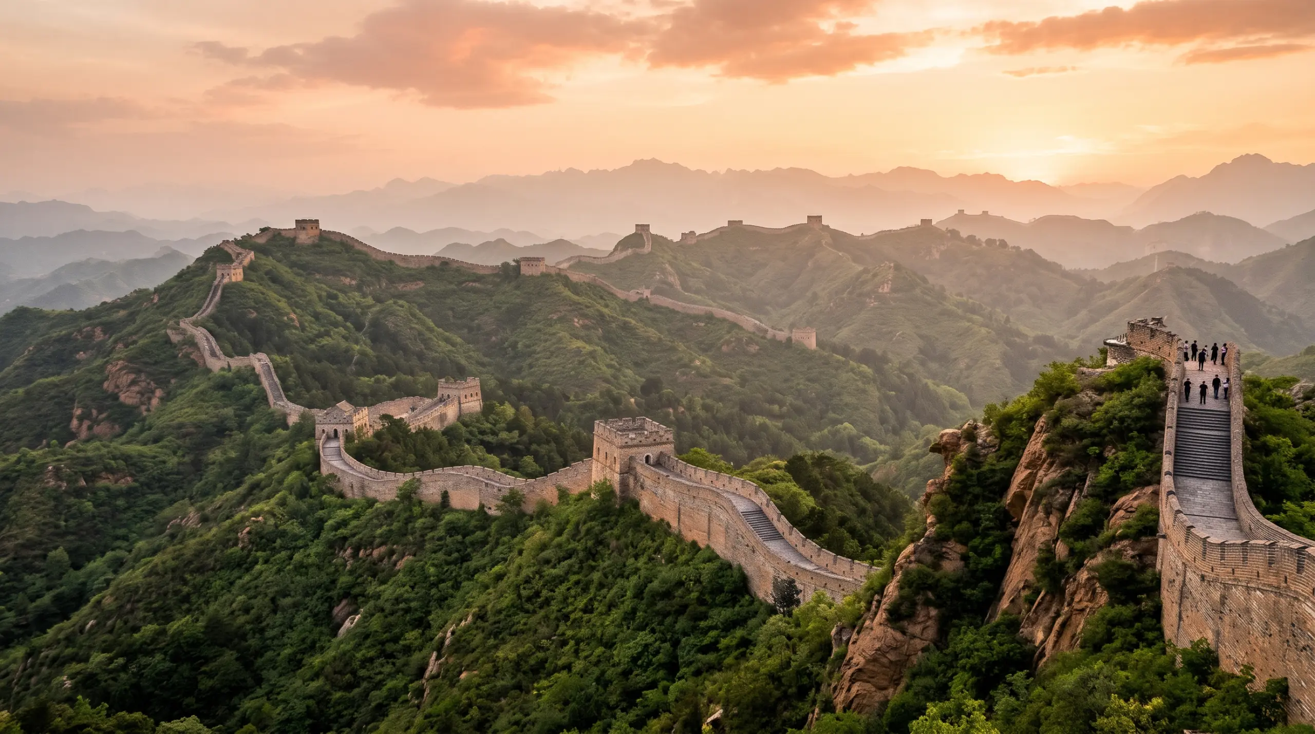 The Great Wall of China winding over the mountains at golden hour