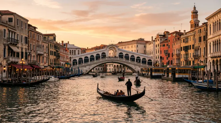 Venice's Grand Canal at golden hour, with the Rialto Bridge, historic palazzi and gondolas