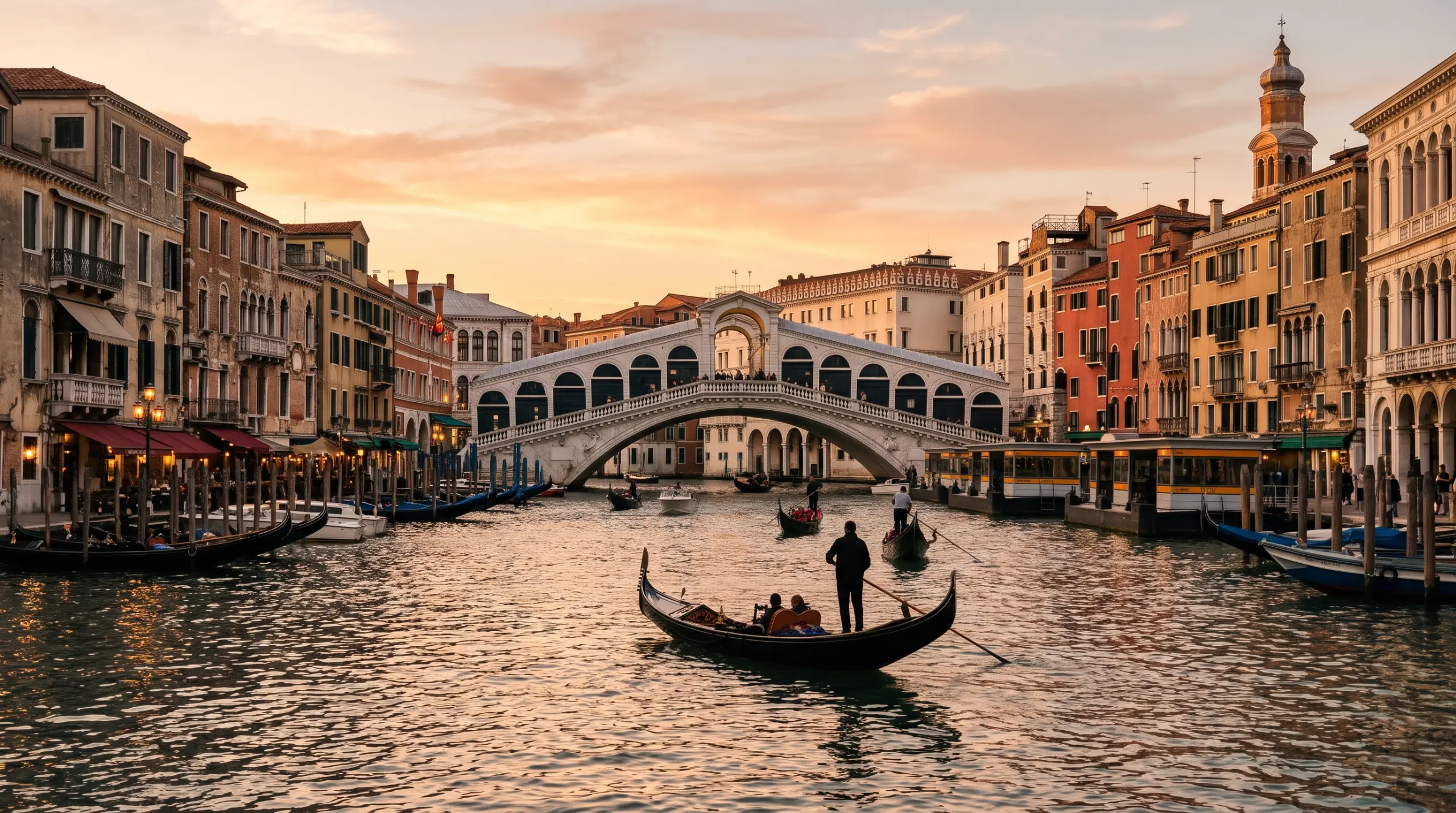 Venice's Grand Canal at golden hour, with the Rialto Bridge, historic palazzi and gondolas