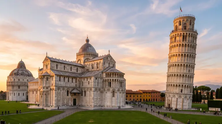 The Leaning Tower of Pisa and the cathedral on the Piazza dei Miracoli at golden hour