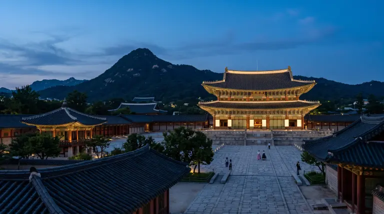 Gyeongbokgung Palace in Seoul at blue hour with Bugaksan mountain behind