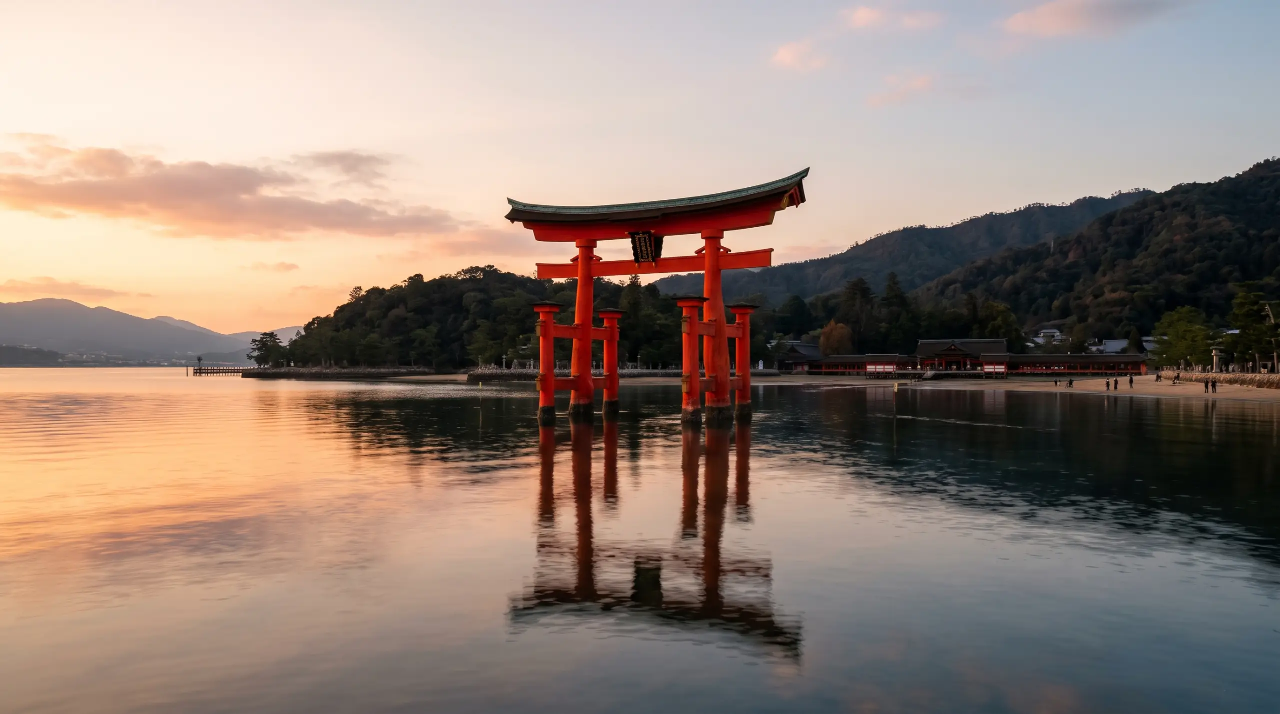 The floating torii of Itsukushima Shrine at Miyajima at sunset