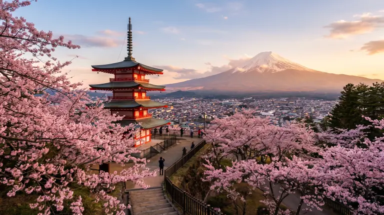 Mount Fuji with the Chureito Pagoda and cherry blossoms at golden hour