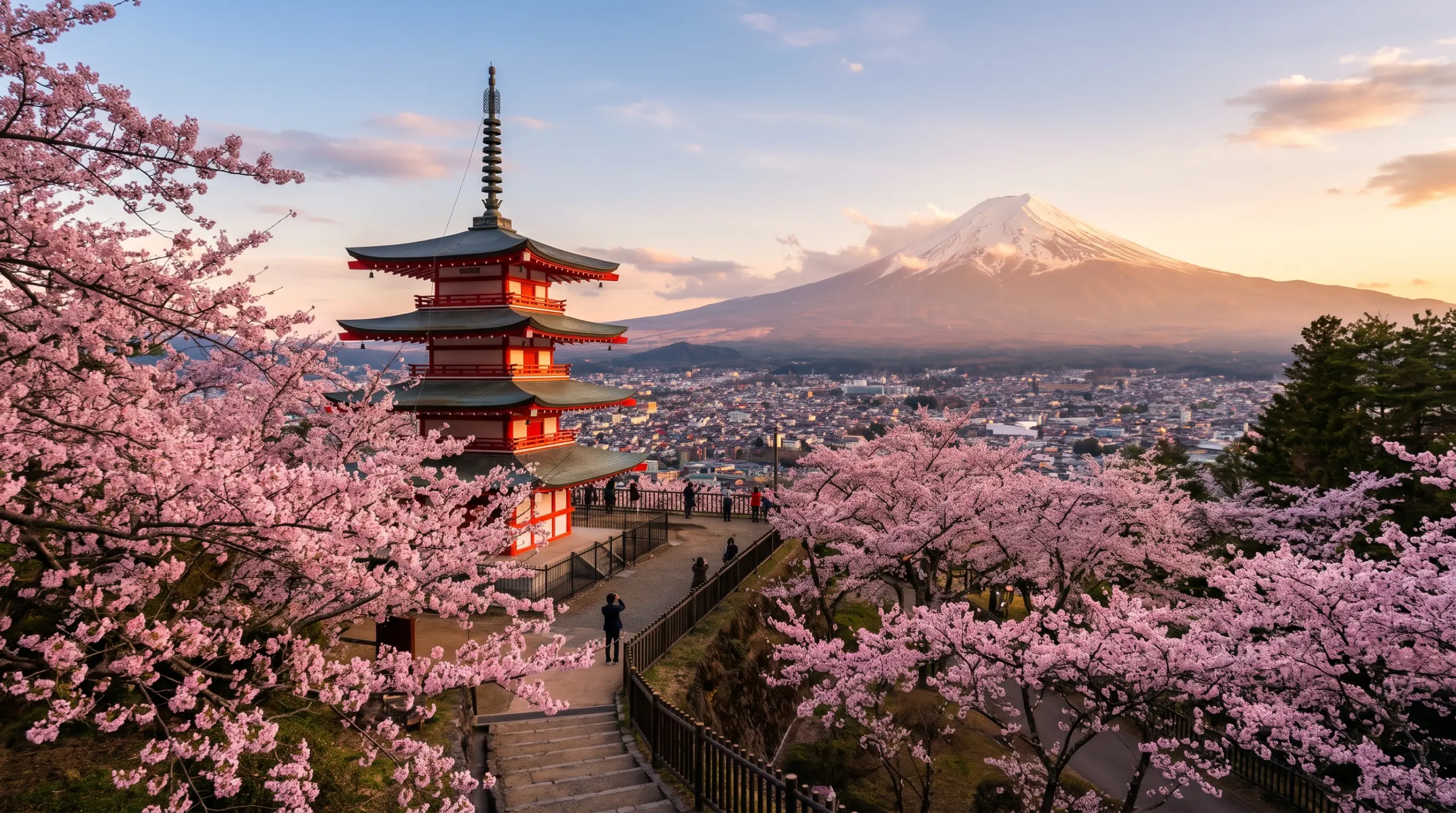 Mount Fuji with the Chureito Pagoda and cherry blossoms at golden hour