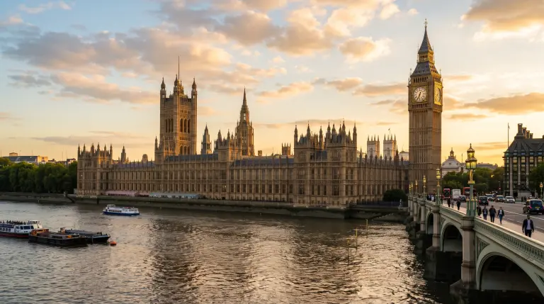 The Palace of Westminster and Big Ben beside the River Thames at golden hour