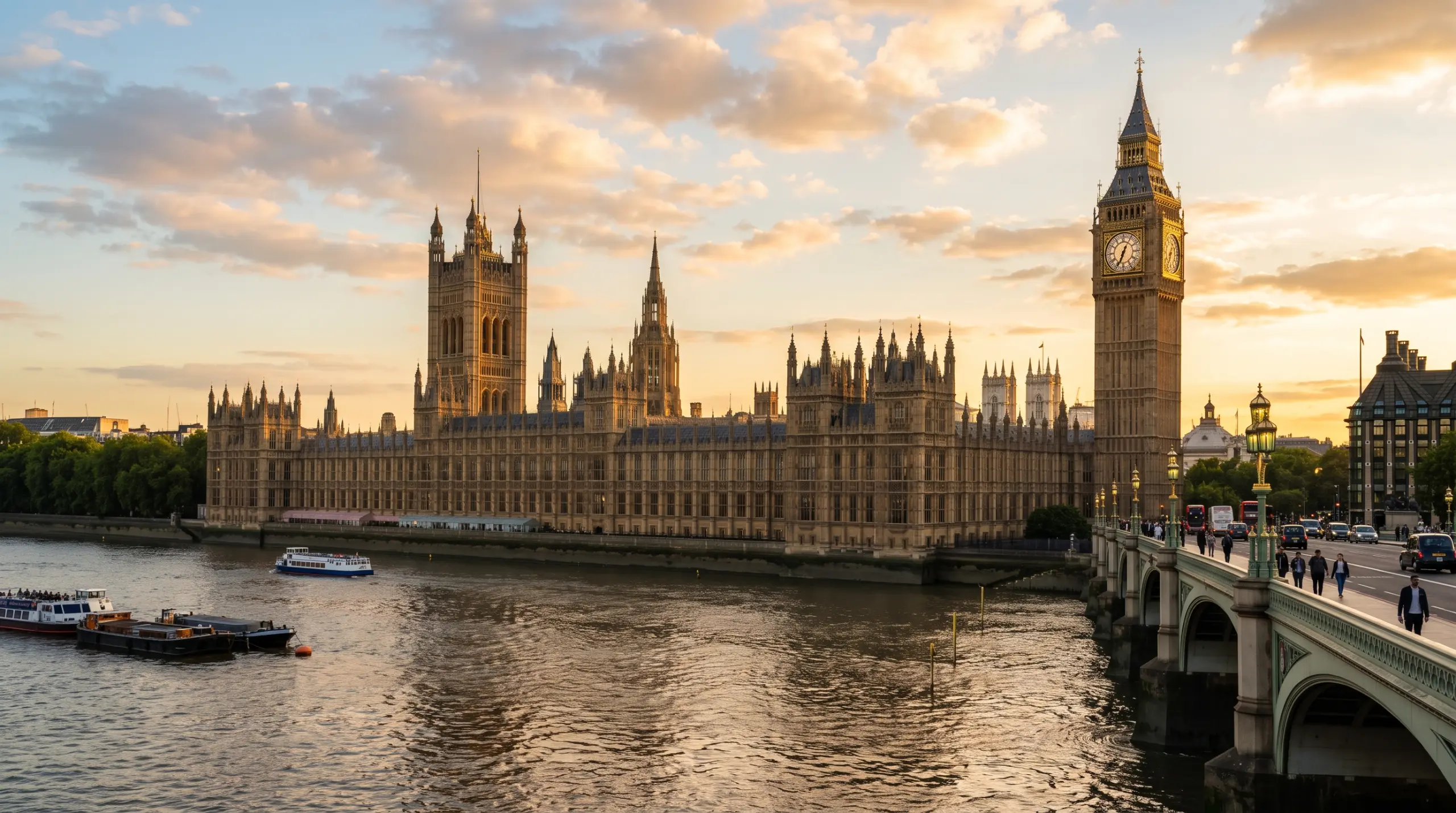 The Palace of Westminster and Big Ben beside the River Thames at golden hour