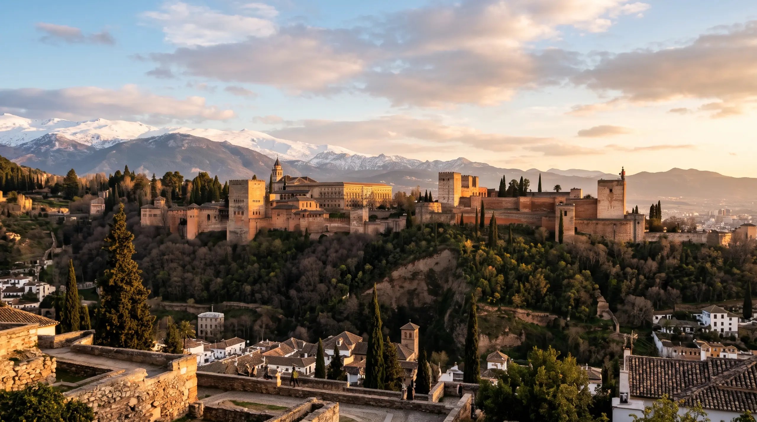 The Alhambra in Granada at golden hour, with the snow-capped Sierra Nevada behind