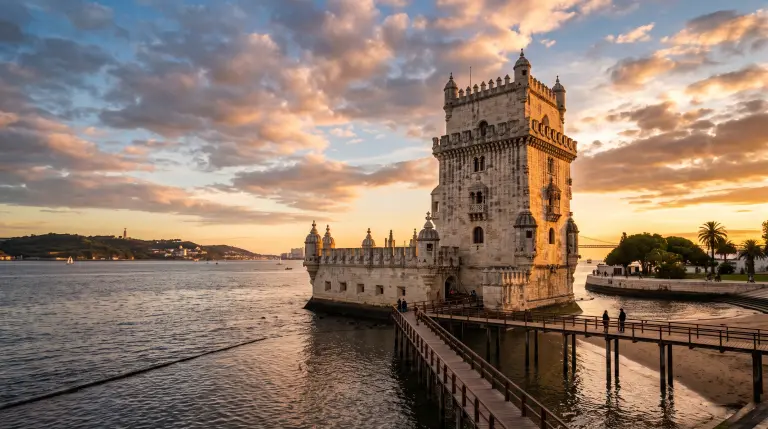 Belém Tower on the Tagus River in Lisbon at sunset