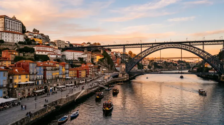 Porto's Ribeira waterfront and the Dom Luís I bridge over the Douro River at golden hour