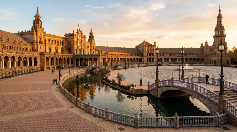 Seville's Plaza de España at golden hour, with its brick and tiled colonnade