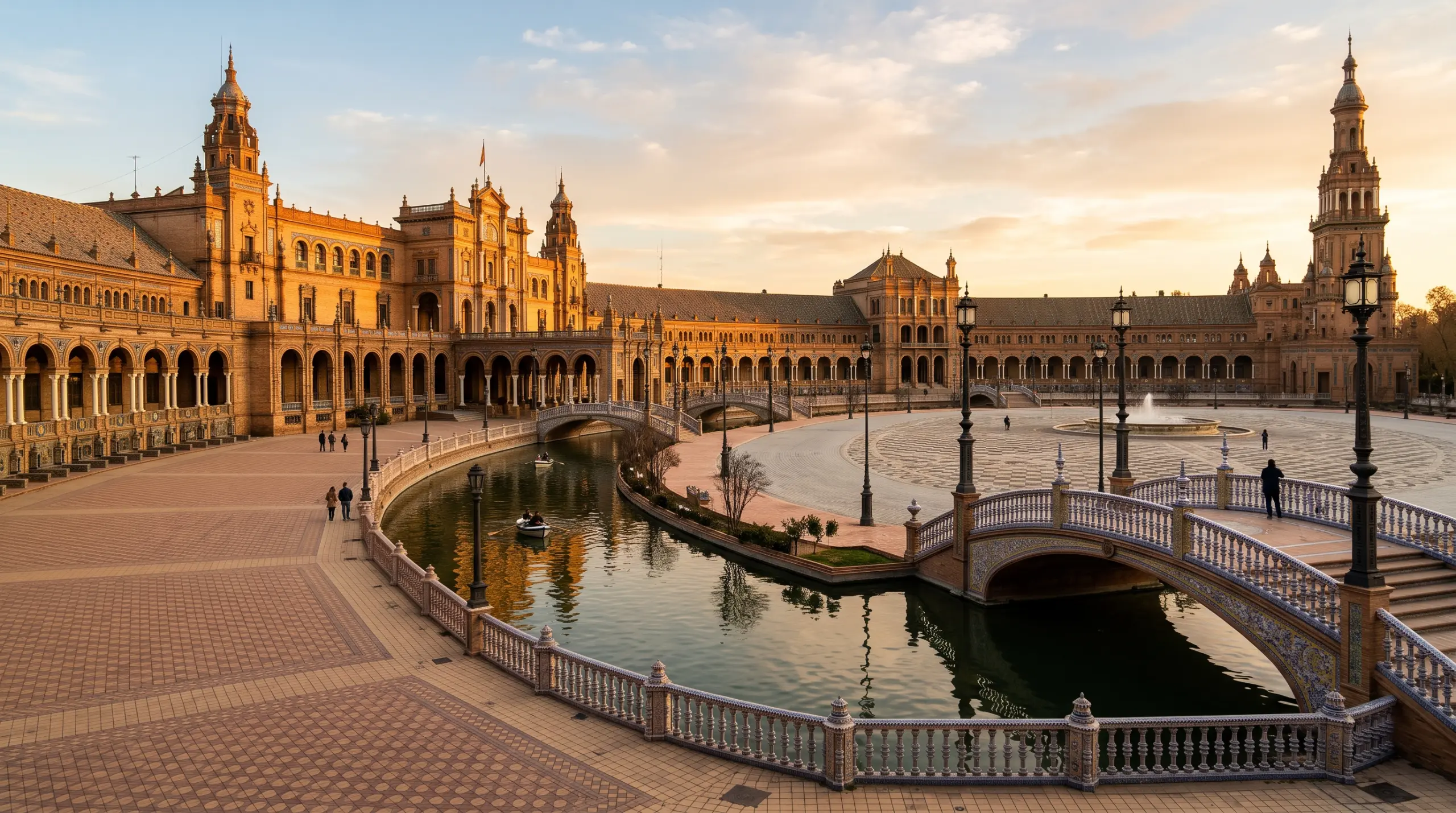 Seville's Plaza de España at golden hour, with its brick and tiled colonnade