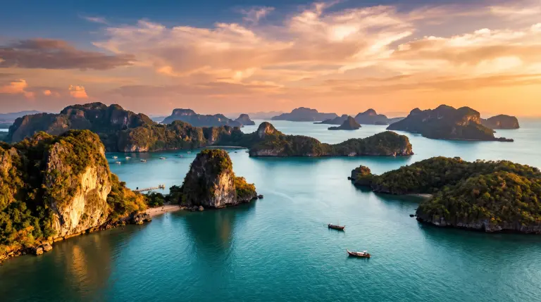 Limestone islands of Phang Nga Bay near Phuket at golden hour