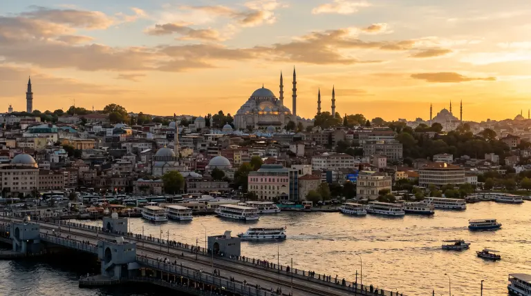 The Süleymaniye Mosque above the Golden Horn in Istanbul at sunset