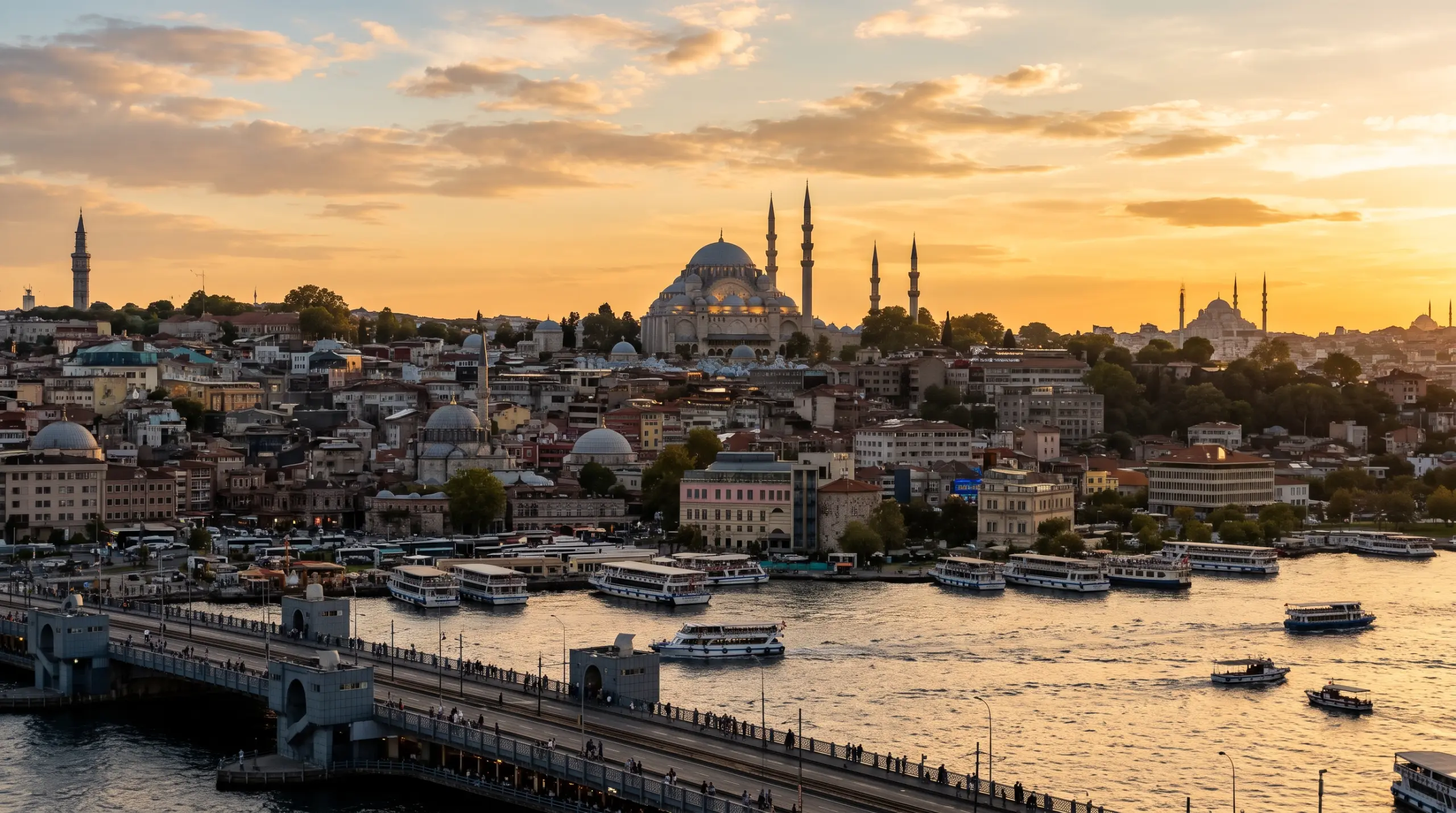 The Süleymaniye Mosque above the Golden Horn in Istanbul at sunset